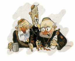 Aquarelle caricaturant trois sénateurs de l'Ordre académique de Saint-Michel lors d'une séance